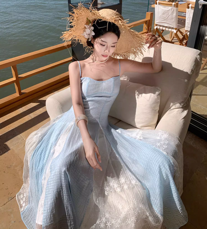 Ethereal Blue & White Splicing Textured Floral Spaghetti Strap Maxi Dress Natural Trips Cinched-Waist Flowy Long Dress AP1610