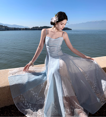 Ethereal Blue & White Splicing Textured Floral Spaghetti Strap Maxi Dress Natural Trips Cinched-Waist Flowy Long Dress AP1610