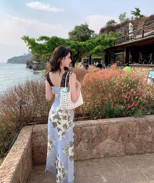 Charming Black Lace Trimmed Strap Maxi Dress Sexy Cinched-Waist Floral Print Mermaid Long Dress AP1611