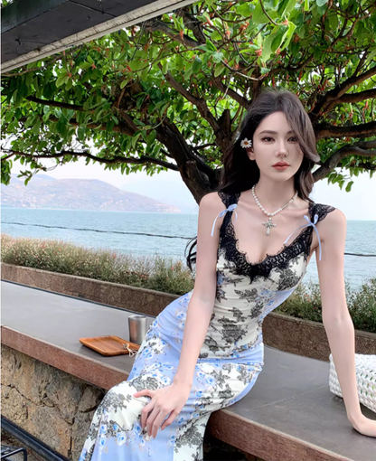 Charming Black Lace Trimmed Strap Maxi Dress Sexy Cinched-Waist Floral Print Mermaid Long Dress AP1611