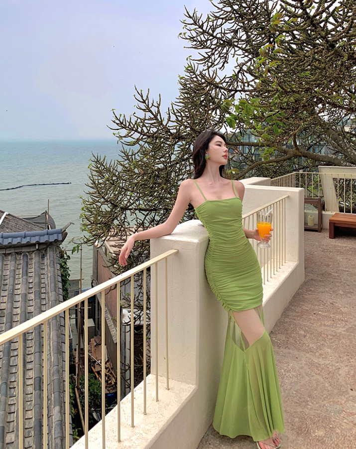 Dopamine Lime Green Ruched Spaghetti Strap Maxi Dress Vibrant Sheer Mesh Splicing Mermaid Long Dress AP1612