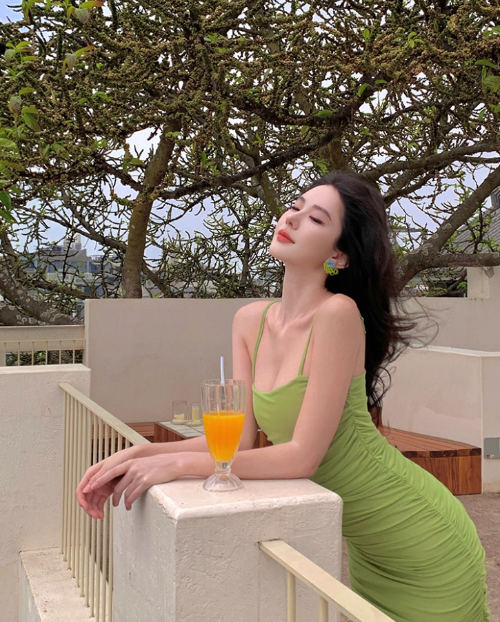 Dopamine Lime Green Ruched Spaghetti Strap Maxi Dress Vibrant Sheer Mesh Splicing Mermaid Long Dress AP1612