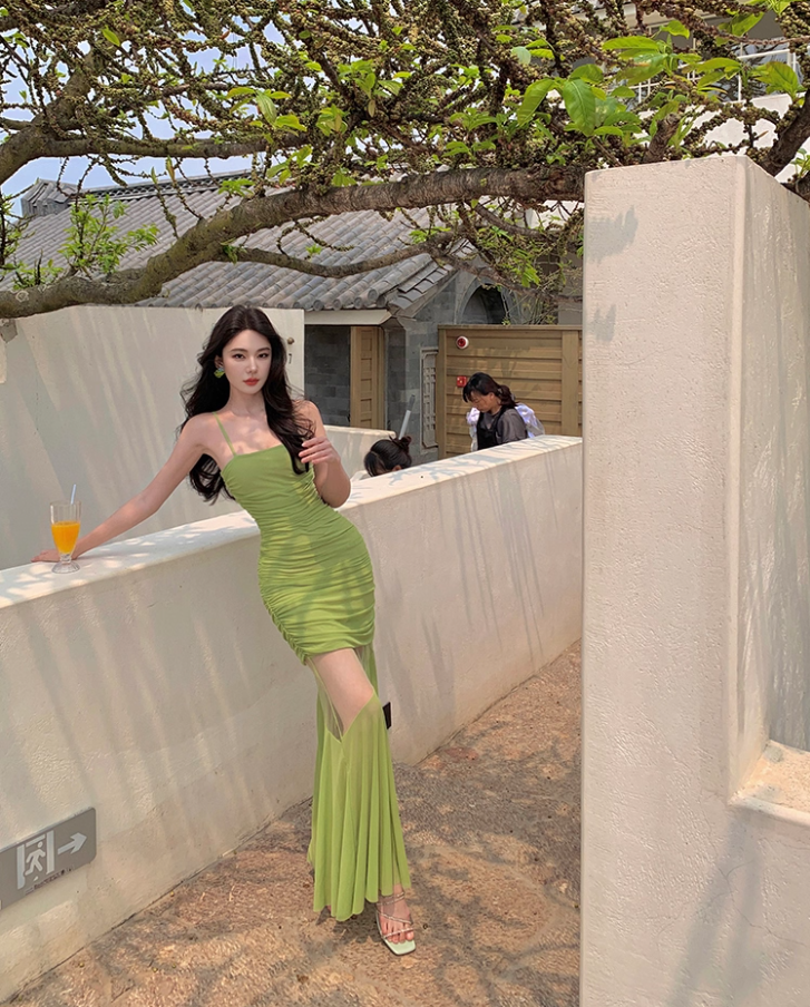 Dopamine Lime Green Ruched Spaghetti Strap Maxi Dress Vibrant Sheer Mesh Splicing Mermaid Long Dress AP1612