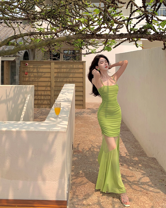 Dopamine Lime Green Ruched Spaghetti Strap Maxi Dress Vibrant Sheer Mesh Splicing Mermaid Long Dress AP1612