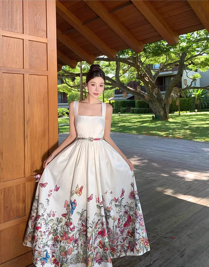 French-Inspired Floral Print Cinched-Waist Maxi Dress Vintage Flowy Hem Beach Vacations Minimalist Long Dress AP1614