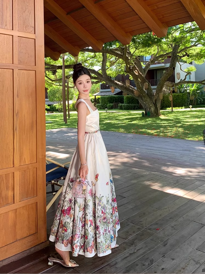 French-Inspired Floral Print Cinched-Waist Maxi Dress Vintage Flowy Hem Beach Vacations Minimalist Long Dress AP1614