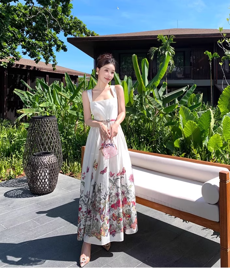 French-Inspired Floral Print Cinched-Waist Maxi Dress Vintage Flowy Hem Beach Vacations Minimalist Long Dress AP1614