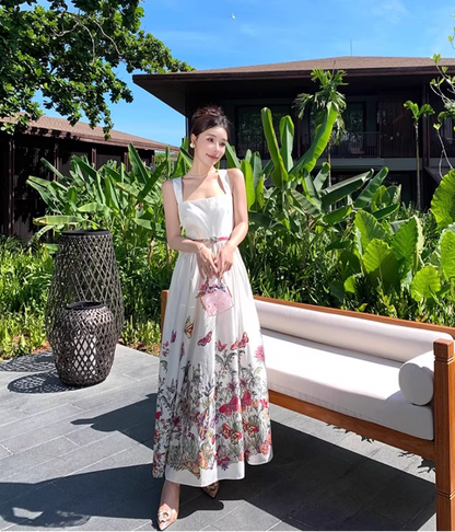 French-Inspired Floral Print Cinched-Waist Maxi Dress Vintage Flowy Hem Beach Vacations Minimalist Long Dress AP1614