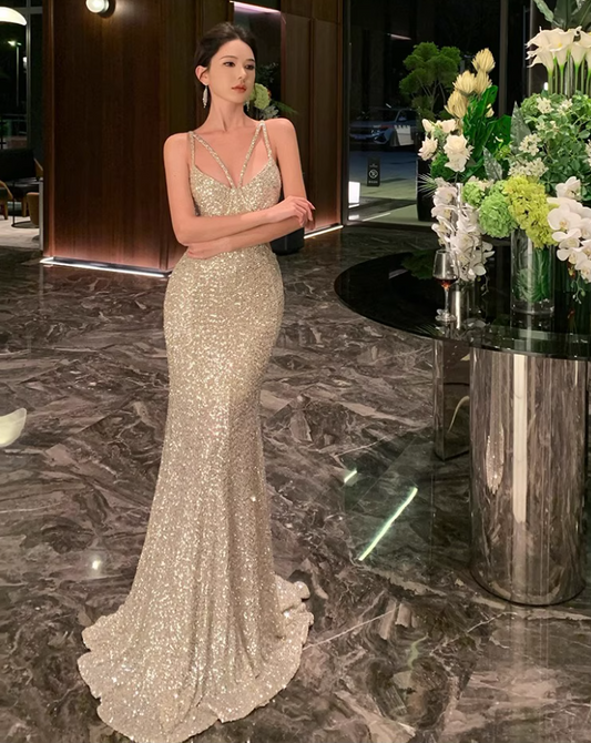 French-Inspired Glittering Sequins Cinched-Waist Maxi Dress Sexy Silver Feast Mermaid Backless Long Dress AP1615