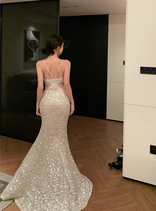 French-Inspired Glittering Sequins Cinched-Waist Maxi Dress Sexy Silver Feast Mermaid Backless Long Dress AP1615
