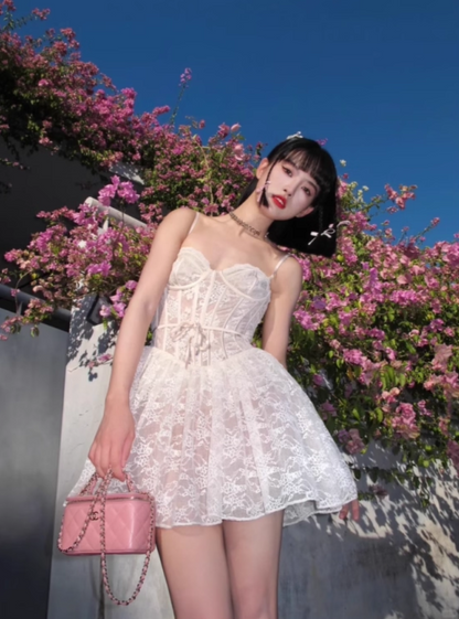Fairycore Beige Lace Corset Mini Skirt Ethereal Coastal Trips Spaghetti Strap Lace-Trimmed Short Dress AP1616