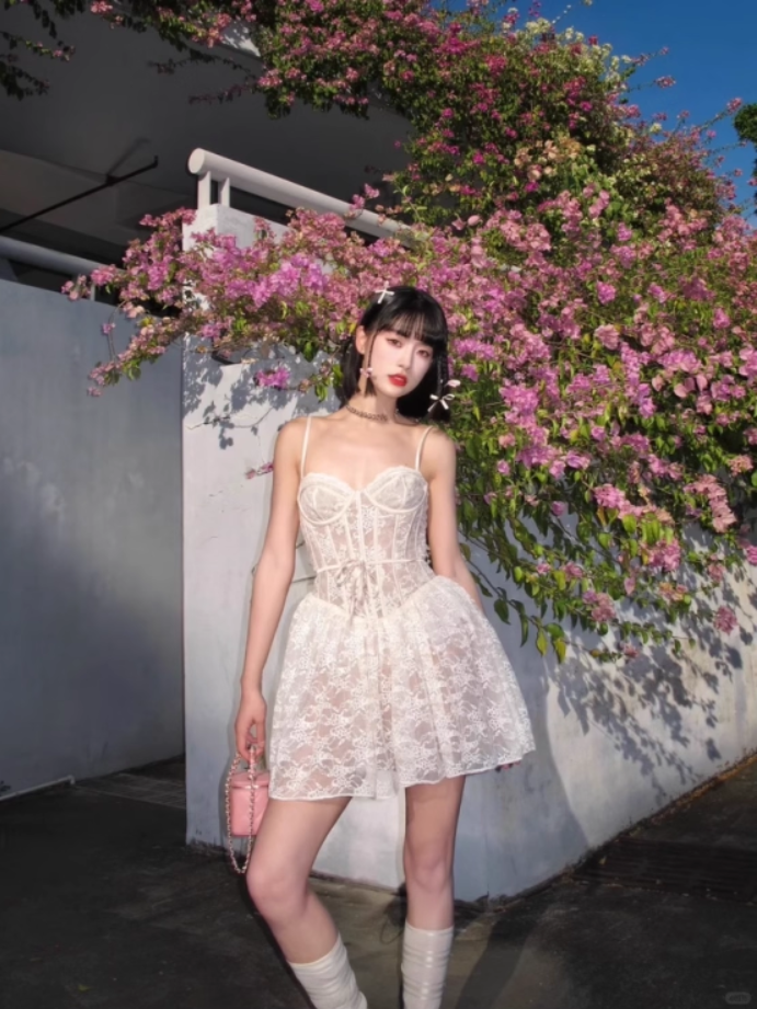 Fairycore Beige Lace Corset Mini Skirt Ethereal Coastal Trips Spaghetti Strap Lace-Trimmed Short Dress AP1616