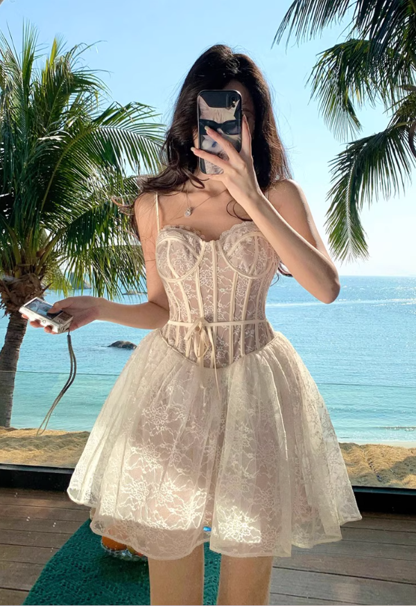 Fairycore Beige Lace Corset Mini Skirt Ethereal Coastal Trips Spaghetti Strap Lace-Trimmed Short Dress AP1616