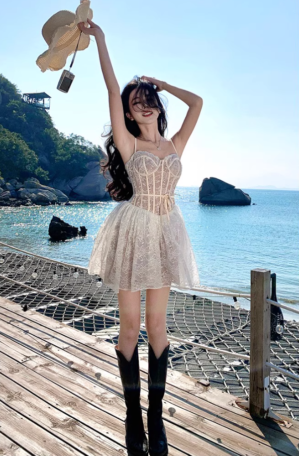 Fairycore Beige Lace Corset Mini Skirt Ethereal Coastal Trips Spaghetti Strap Lace-Trimmed Short Dress AP1616