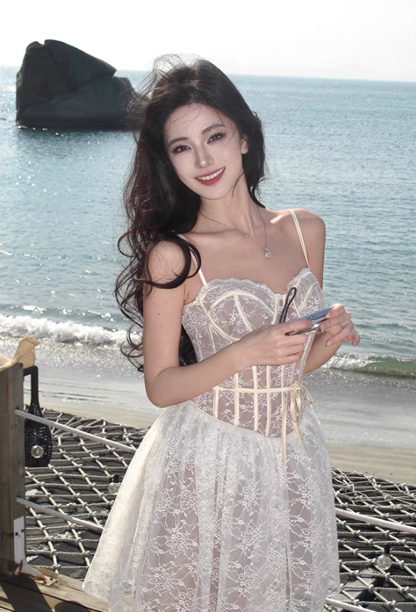 Fairycore Beige Lace Corset Mini Skirt Ethereal Coastal Trips Spaghetti Strap Lace-Trimmed Short Dress AP1616