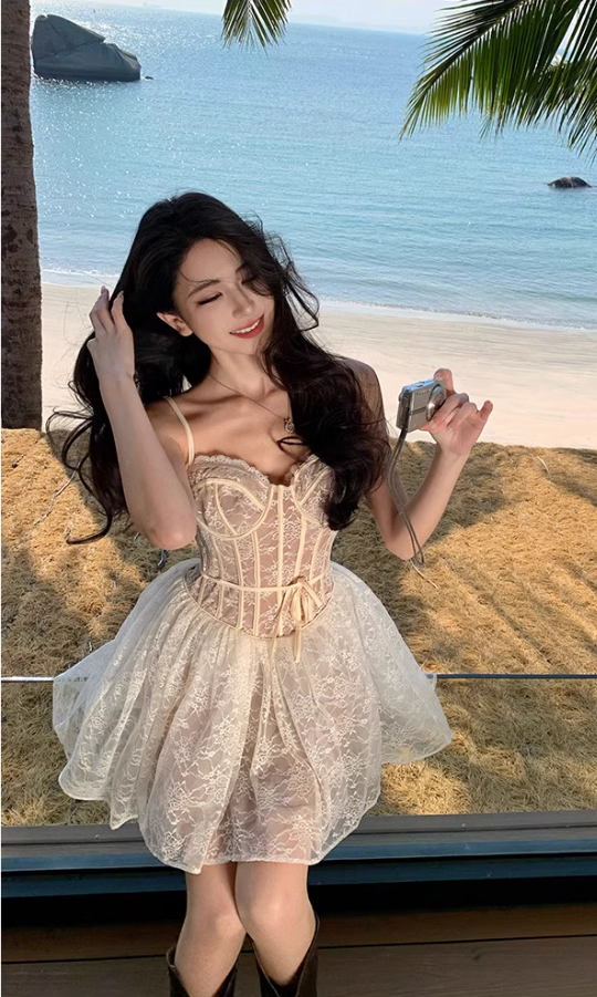 Fairycore Beige Lace Corset Mini Skirt Ethereal Coastal Trips Spaghetti Strap Lace-Trimmed Short Dress AP1616