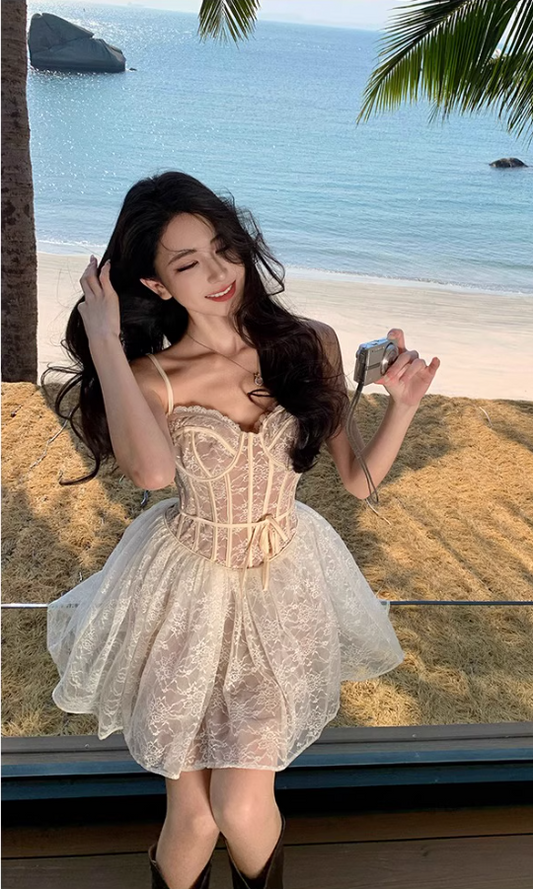 Fairycore Beige Lace Corset Mini Skirt Ethereal Coastal Trips Spaghetti Strap Lace-Trimmed Short Dress AP1616