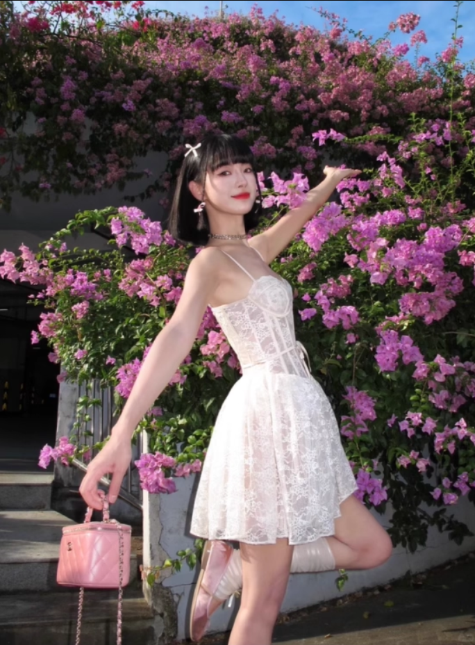 Fairycore Beige Lace Corset Mini Skirt Ethereal Coastal Trips Spaghetti Strap Lace-Trimmed Short Dress AP1616