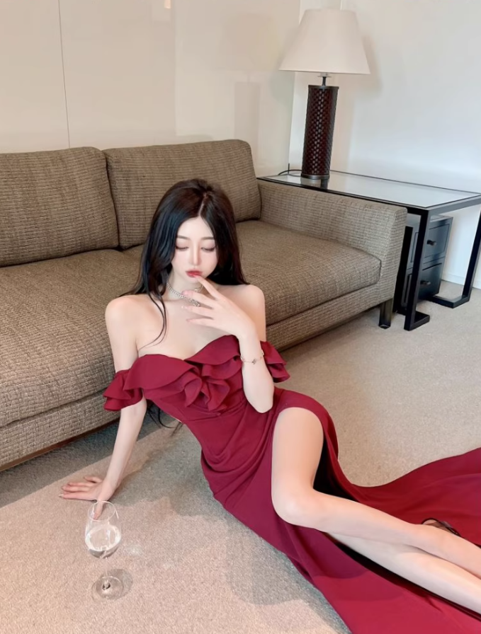 Sexy Off-Shoulder Burgundy Maxi Dress Vintage High Slit Bodycon Cocktail Parties Ruffles Hem Long Dress AP1617