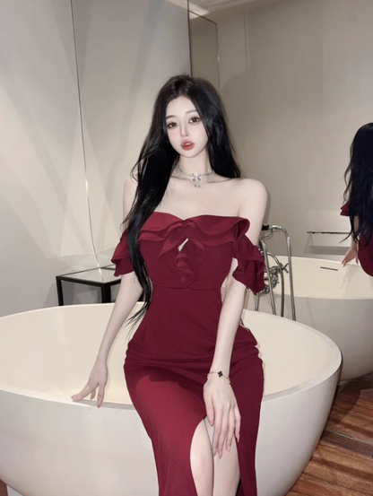 Sexy Off-Shoulder Burgundy Maxi Dress Vintage High Slit Bodycon Cocktail Parties Ruffles Hem Long Dress AP1617