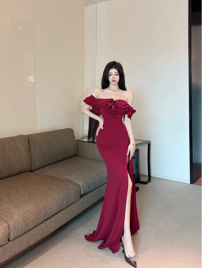 Sexy Off-Shoulder Burgundy Maxi Dress Vintage High Slit Bodycon Cocktail Parties Ruffles Hem Long Dress AP1617