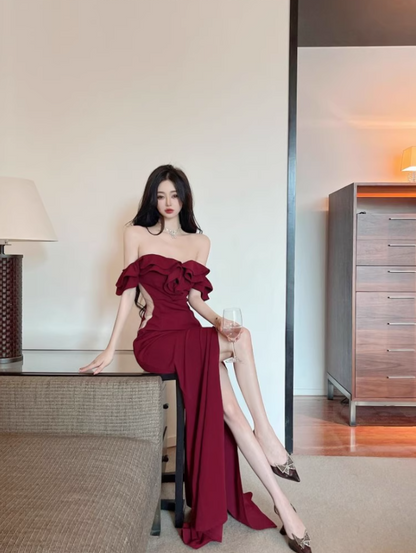 Sexy Off-Shoulder Burgundy Maxi Dress Vintage High Slit Bodycon Cocktail Parties Ruffles Hem Long Dress AP1617