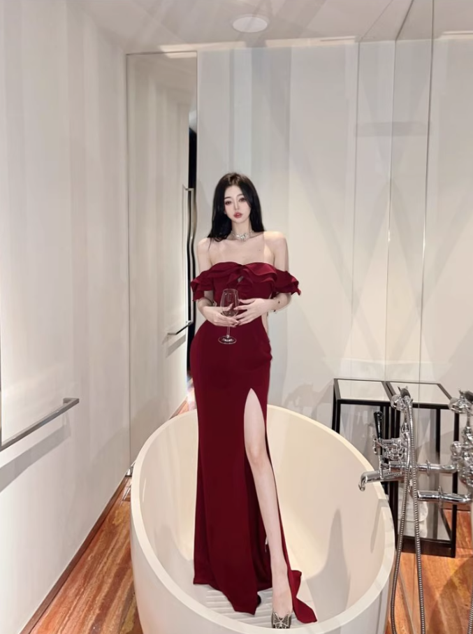 Sexy Off-Shoulder Burgundy Maxi Dress Vintage High Slit Bodycon Cocktail Parties Ruffles Hem Long Dress AP1617