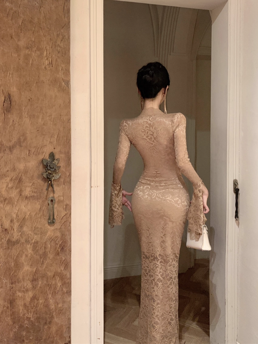 Elegant Lace Mermaid Plunging V-Neck Maxi Dress Chic Bodycon Cocktail Parties Flared Sleeves Long Dress AP1618