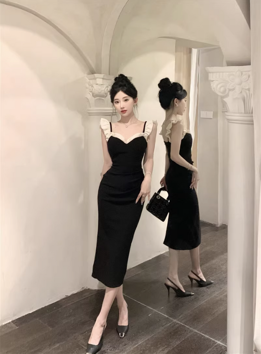 Evening Galas Black Bodycon Midi Dress White Ruffled Spaghetti Strap Long Dress AP1619