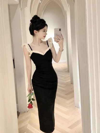 Evening Galas Black Bodycon Midi Dress White Ruffled Spaghetti Strap Long Dress AP1619
