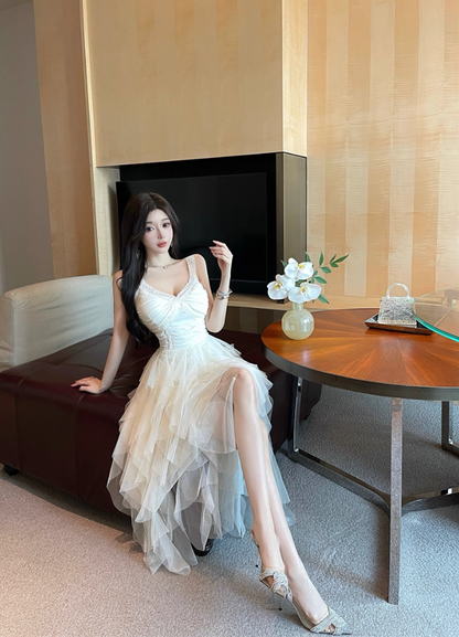 Evening Galas Asymmetric Cascade Tulle Hem Maxi Dress White Ruched Cinched-Waist Long Dress AP1620