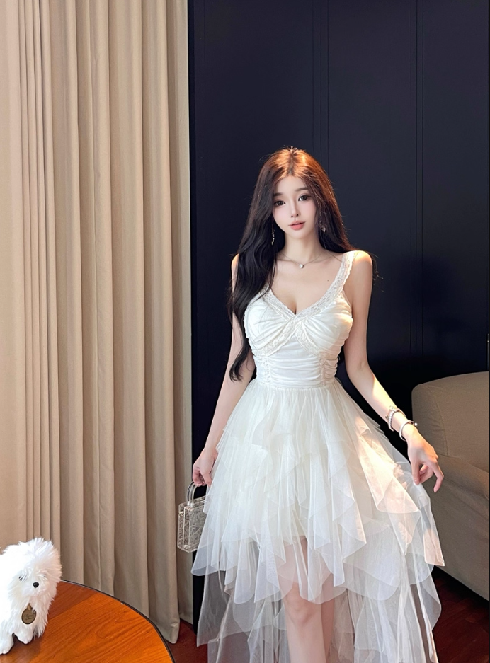 Evening Galas Asymmetric Cascade Tulle Hem Maxi Dress White Ruched Cinched-Waist Long Dress AP1620