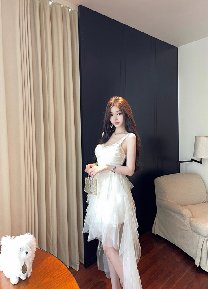 Evening Galas Asymmetric Cascade Tulle Hem Maxi Dress White Ruched Cinched-Waist Long Dress AP1620