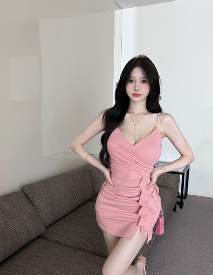 Cute Bodycon Pink Mini Skirt Casual Party Spaghetti Strap Ruched Short Dress AP1621