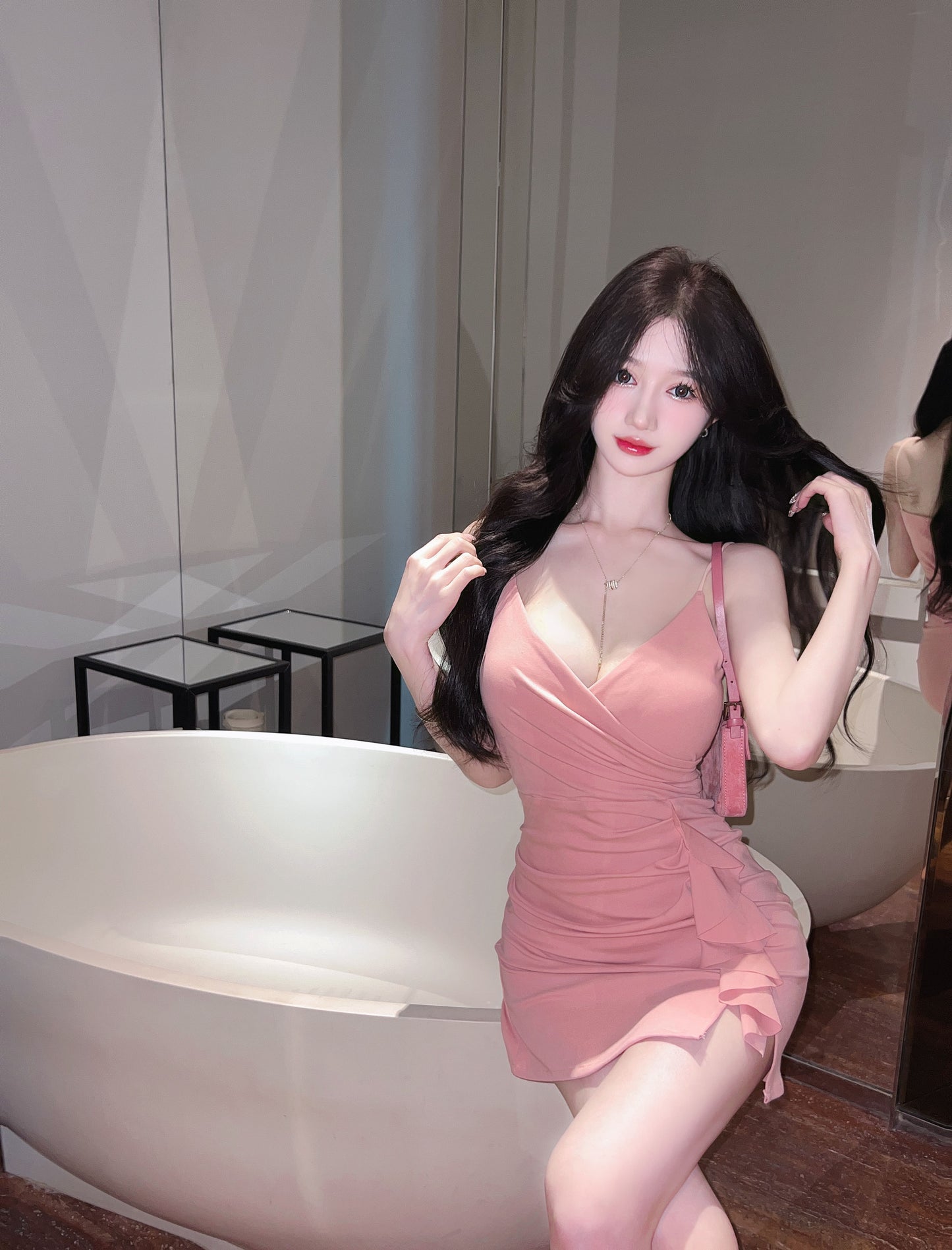 Cute Bodycon Pink Mini Skirt Casual Party Spaghetti Strap Ruched Short Dress AP1621