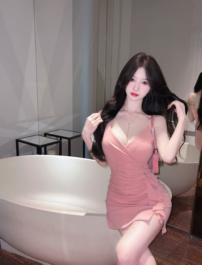 Cute Bodycon Pink Mini Skirt Casual Party Spaghetti Strap Ruched Short Dress AP1621