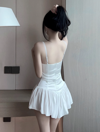 Classical A-Line White Cinched-Waist Sheen Fabric Mini Skirt Chic Party Spaghetti Strap Ruffles Hem Short Dress AP1622