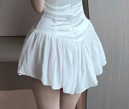 Classical A-Line White Cinched-Waist Sheen Fabric Mini Skirt Chic Party Spaghetti Strap Ruffles Hem Short Dress AP1622