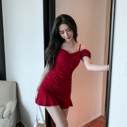 Chic Red Ruffles Hem Ruched Mini Skirt Charming Party Outfit Off-shoulder Short Dress AP1623
