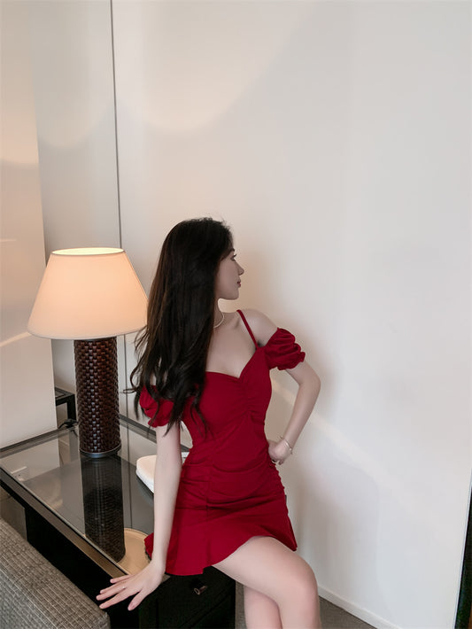 Chic Red Ruffles Hem Ruched Mini Skirt Charming Party Outfit Off-shoulder Short Dress AP1623