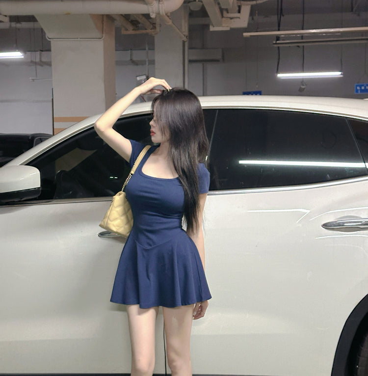 Vintage Hot Girls Blue A-Line Mini Skirt Y2K Party Outfit Detachable Short Sleeve Square Neck Short Dress AP1623