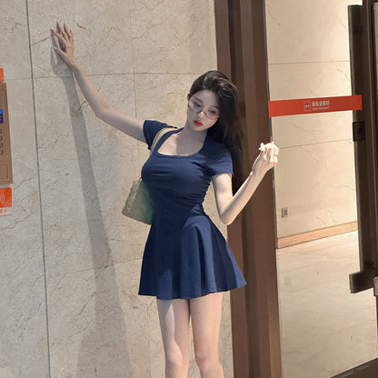 Vintage Hot Girls Blue A-Line Mini Skirt Y2K Party Outfit Detachable Short Sleeve Square Neck Short Dress AP1623