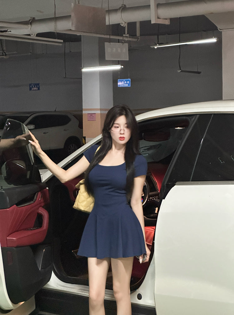 Vintage Hot Girls Blue A-Line Mini Skirt Y2K Party Outfit Detachable Short Sleeve Square Neck Short Dress AP1623