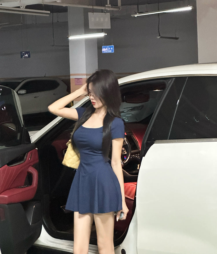 Vintage Hot Girls Blue A-Line Mini Skirt Y2K Party Outfit Detachable Short Sleeve Square Neck Short Dress AP1623