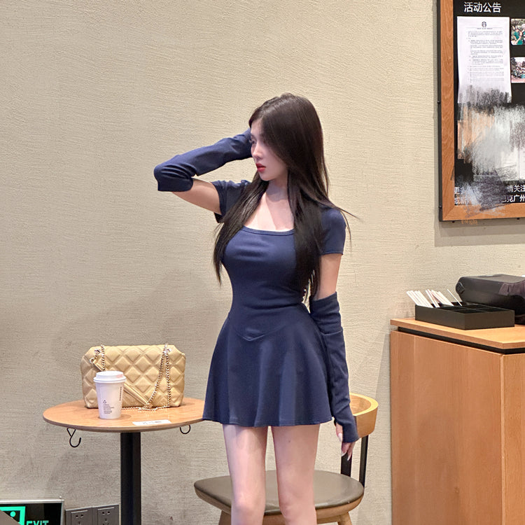 Vintage Hot Girls Blue A-Line Mini Skirt Y2K Party Outfit Detachable Short Sleeve Square Neck Short Dress AP1623