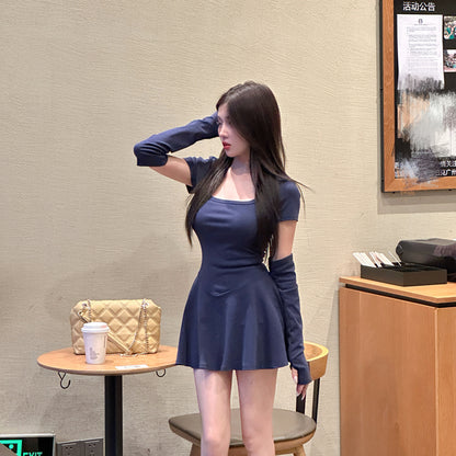 Vintage Hot Girls Blue A-Line Mini Skirt Y2K Party Outfit Detachable Short Sleeve Square Neck Short Dress AP1623