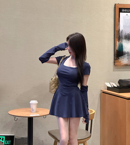 Vintage Hot Girls Blue A-Line Mini Skirt Y2K Party Outfit Detachable Short Sleeve Square Neck Short Dress AP1623