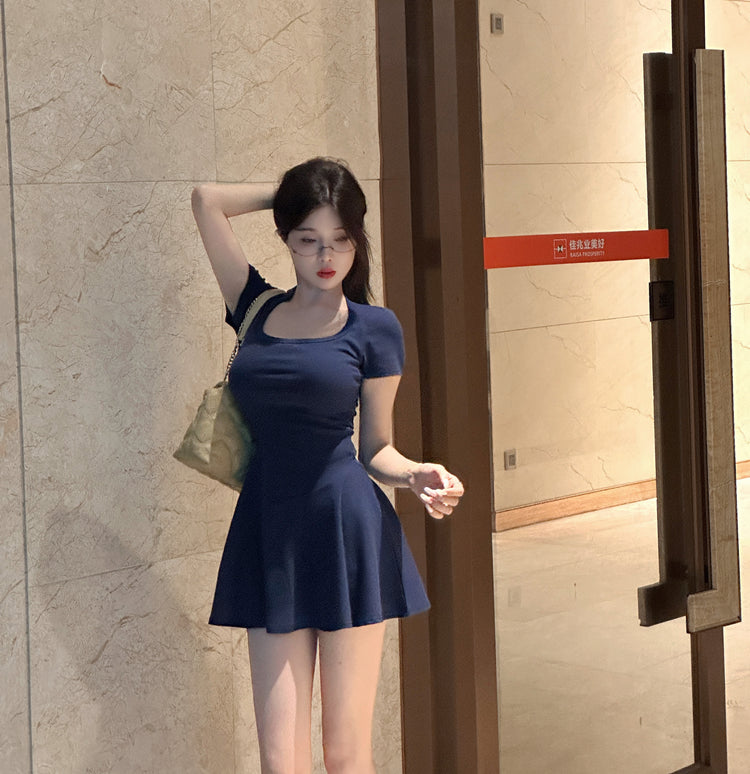 Vintage Hot Girls Blue A-Line Mini Skirt Y2K Party Outfit Detachable Short Sleeve Square Neck Short Dress AP1623
