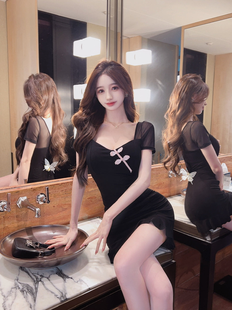 Classical Sheath Ruffles Trimmed Leaf Design Mini Skirt Y2K Party Outfit Black Lace Short Sleeve Short Dress AP1625