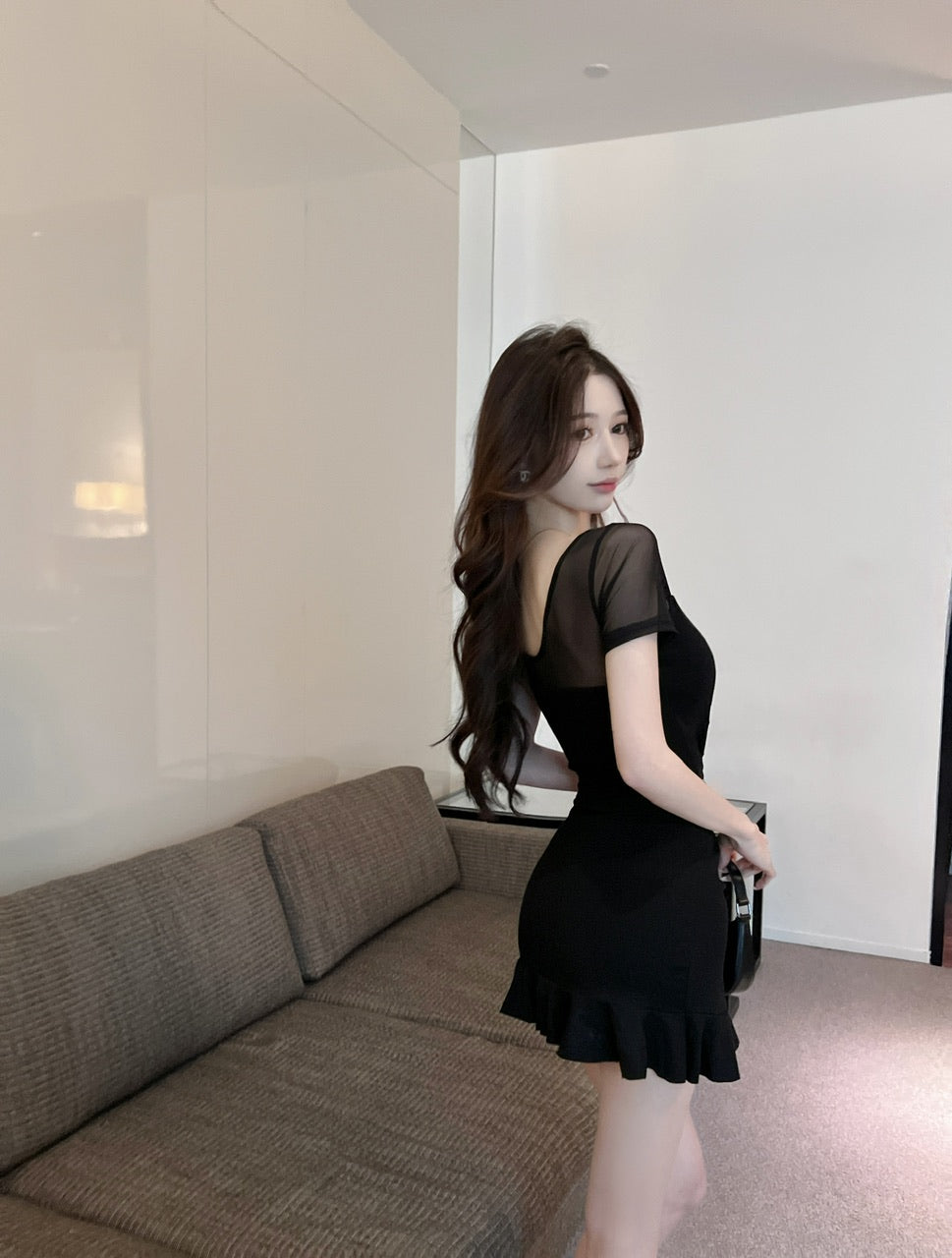 Classical Sheath Ruffles Trimmed Leaf Design Mini Skirt Y2K Party Outfit Black Lace Short Sleeve Short Dress AP1625